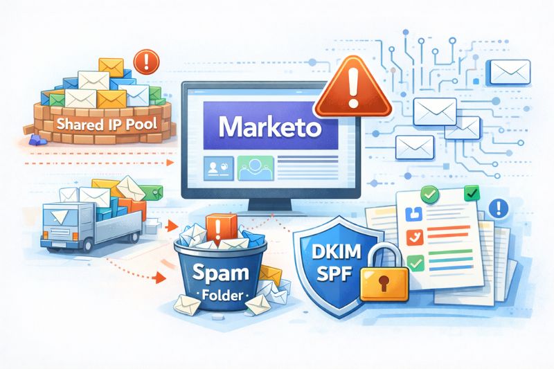 Illustration showing email security concepts: shared IP pool, spam folder, DKIM/SPF shields, and Marketo platform, highlighting Email Deliverability challenges, with warning icons and graphics depicting compounding issues in email flow.