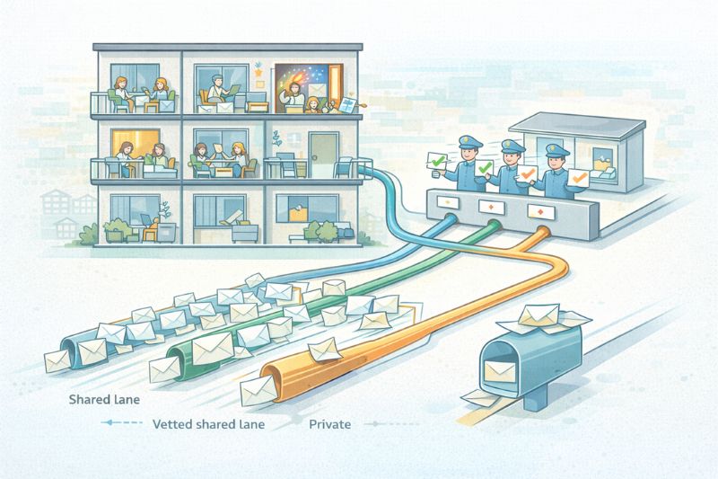 Ilustración que muestra tres tipos de carriles de entrega de correo -compartido, compartido verificado y privado- que conectan un edificio de apartamentos con los carteros y un buzón, destacando cómo la elección del carril influye en la entregabilidad del correo electrónico y ayuda a evitar problemas de entregabilidad.