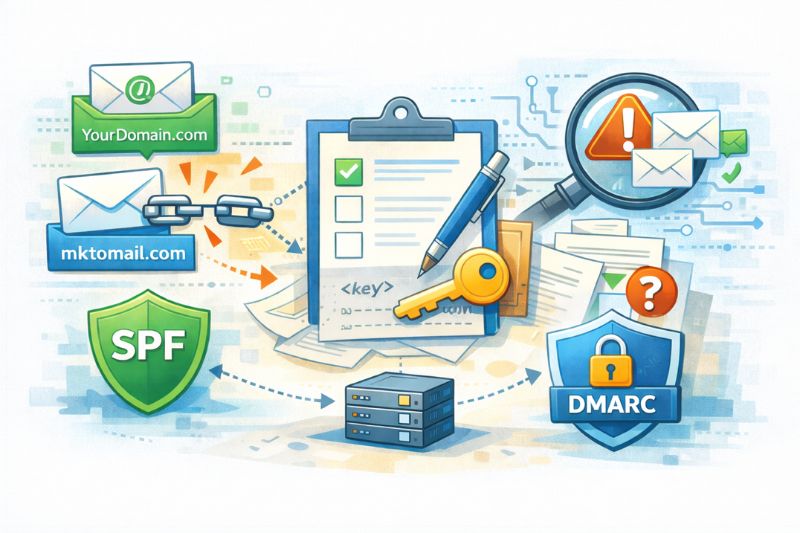 Ilustración de los conceptos de seguridad del correo electrónico, con sobres de correo electrónico, escudos SPF y DMARC, una llave, un portapapeles con documentos, un servidor y símbolos de advertencia, que destacan la entregabilidad del correo electrónico de Marketo y los problemas habituales de entregabilidad del correo electrónico.