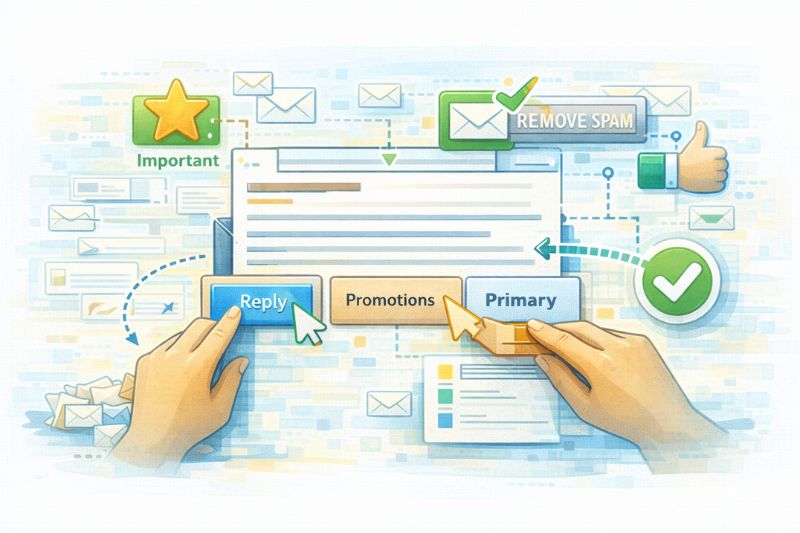 Ilustración de unas manos clasificando correos electrónicos en categorías como Respuesta, Promociones, Principal, Importante, y eliminando el spam, destacando los problemas de entregabilidad del correo electrónico y los problemas de composición en plataformas como Marketo, con iconos y marcas de verificación en segundo plano.