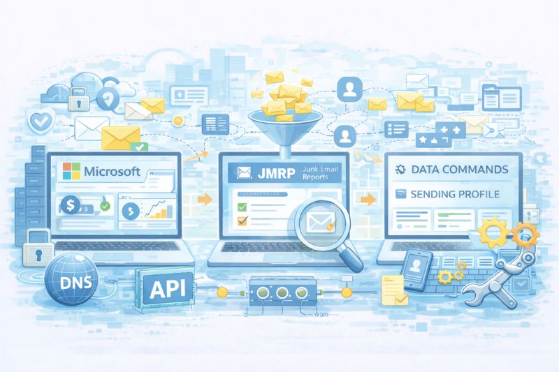 Illustration of three laptops displaying email management tools, highlighting email deliverability and success, with icons for data processing, Microsoft SNDS, DNS, API, and diverse digital communication elements.
