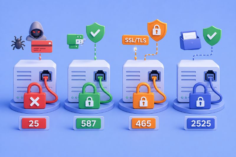 SMTP port comparison illustrating the four main ports for email delivery, including ports 25, 465, 587, and 2525 with their security roles