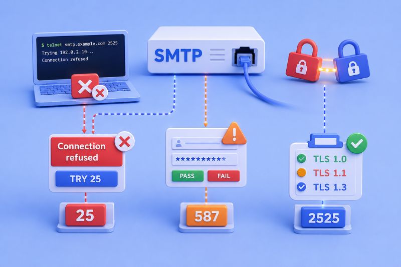 SMTP troubleshooting diagram illustrating common port issues, including blocked connections, authentication failures, and TLS configuration errors