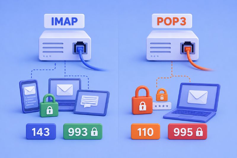 IMAP and POP3 email retrieval diagram comparing receiving email protocols and their standard secure and non-secure ports