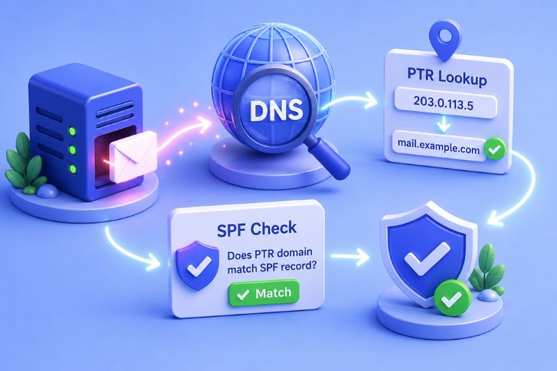 Illustration depicts email authentication steps: a server sends mail, DNS lookup occurs, PTR and SPF checks are performed, both marked with green checkmarks for success.