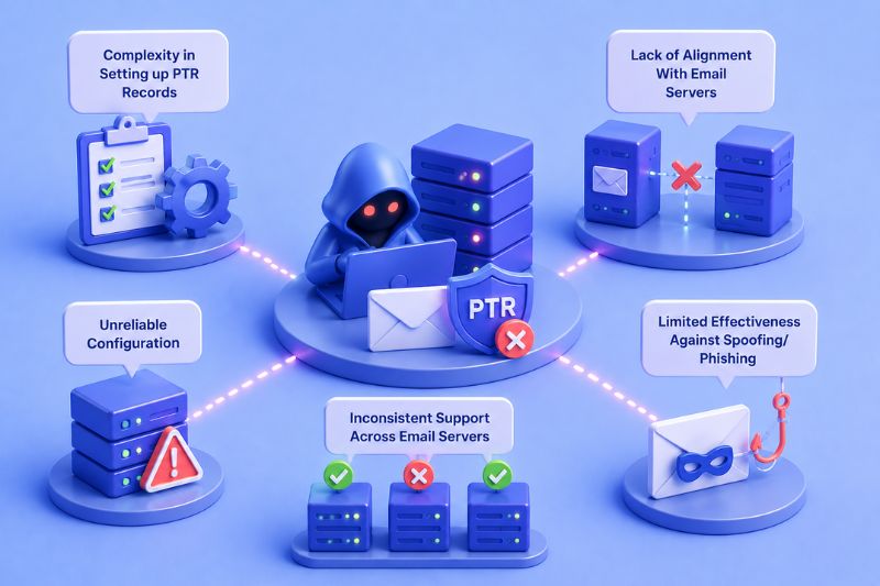 3D illustration showing email server security issues, such as unreliable configuration, complex PTR and SPF setup, poor email authentication, lack of server alignment, inconsistent support, and spoofing/phishing risks.