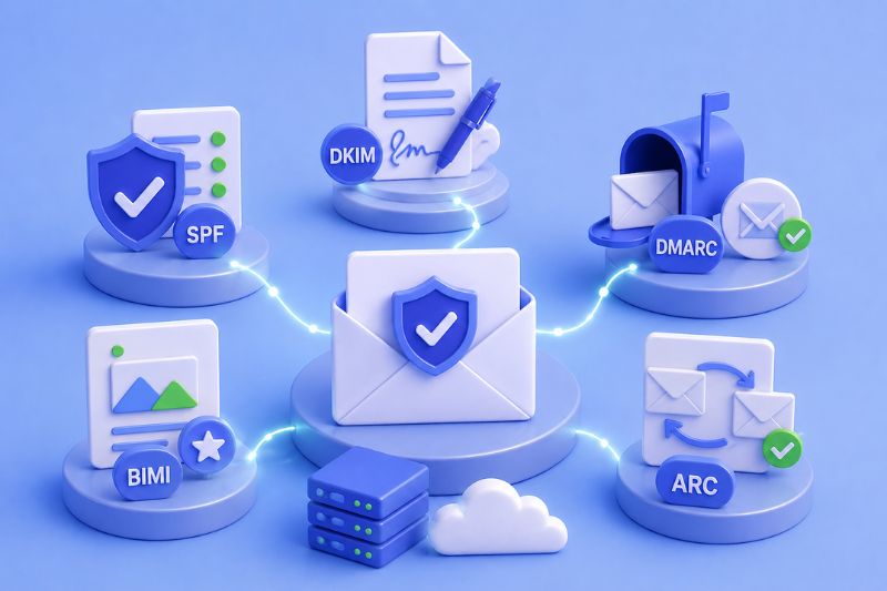 3D illustration of email authentication concepts, showing icons for SPF, PTR, DKIM, DMARC, BIMI, and ARC with shield symbols, and a central envelope connected to each through digital lines.