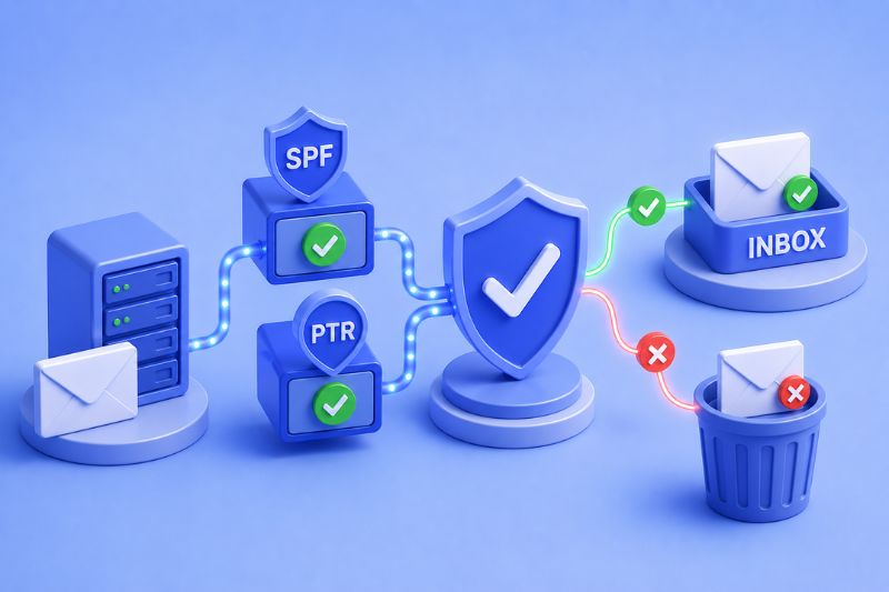 3D illustration of email filtering: servers connect to SPF and PTR email authentication checks, with valid emails going to inbox and invalid ones to trash, depicted with check and cross marks.