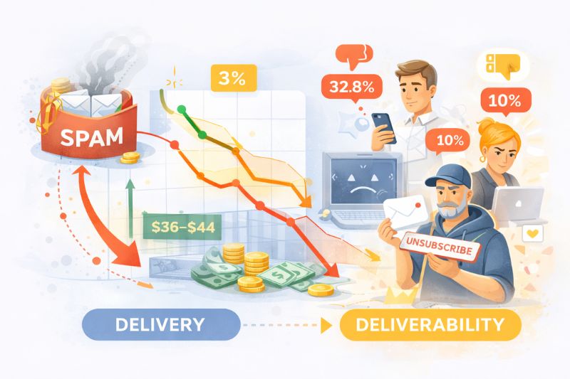 Ilustração comparando spam de e-mail e capacidade de entrega de e-mail, com gráficos, porcentagens, perda de dinheiro e pessoas reagindo a e-mails - destacando o impacto do marketing e da entrega eficazes de e-mail no crescimento a longo prazo e nas ações de cancelamento de assinatura.