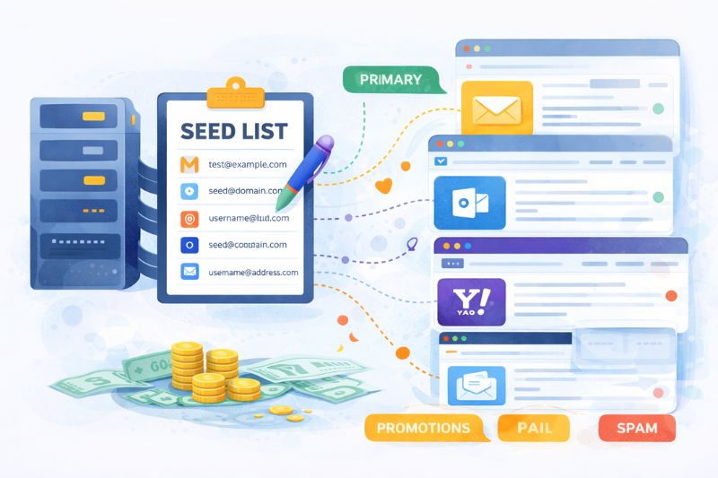 Ilustração de uma lista de sementes em uma prancheta conectada a caixas de entrada de e-mail, destacando a capacidade de entrega de e-mail à medida que as mensagens são classificadas nas pastas Principal, Promoções, Pago e Spam; dinheiro e moedas em primeiro plano sugerem crescimento a longo prazo de campanhas eficazes.
