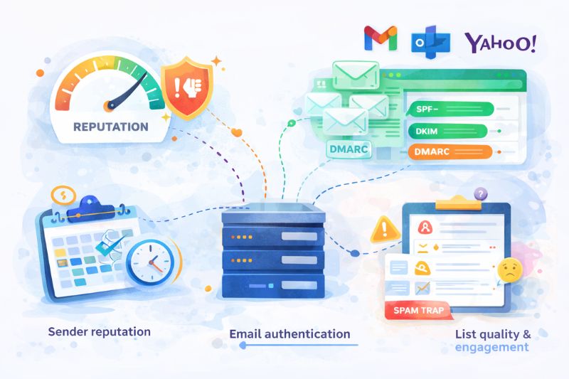 Uma ilustração sobre a capacidade de entrega de e-mail e o marketing por e-mail, com um medidor de reputação, autenticação de e-mail, reputação do remetente, qualidade da lista, logotipos do Gmail e do Yahoo e um servidor central - destacando os elementos essenciais para o crescimento a longo prazo.