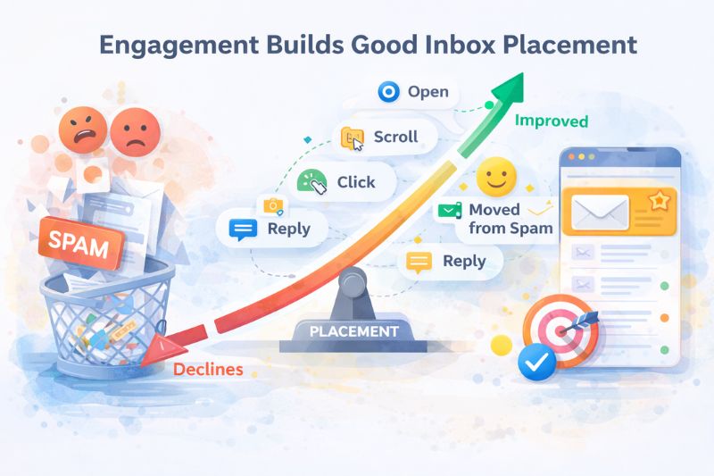 Infográfico que mostra como as ações de envolvimento do usuário aumentam a capacidade de entrega de e-mail, movendo as mensagens do spam para a caixa de entrada; inclui ícones para abrir, rolar, clicar e responder - etapas cruciais para o crescimento a longo prazo.