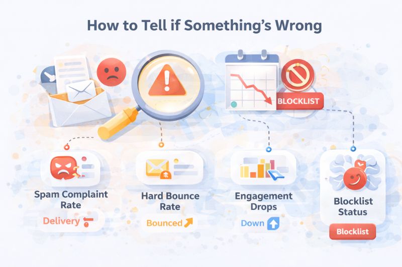 Infográfico que mostra sinais de problemas de entregabilidade de e-mail: alta taxa de reclamação de spam, taxa de hard bounce, quedas de engajamento e status da lista de bloqueio - crucial para o sucesso do marketing por e-mail - cada um representado por ícones e rótulos.