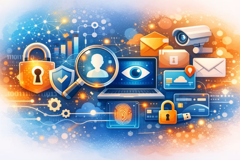 Illustration of cybersecurity icons, including locks, a fingerprint, a laptop, surveillance camera, credit cards, and email—highlighting digital security and Email Deliverability for April 2026 Email News.