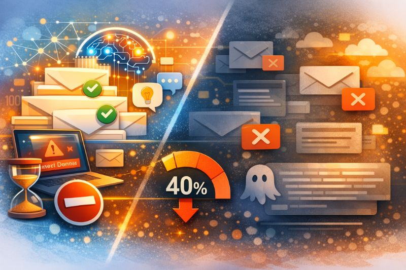 A digital illustration showing secure email deliverability and productivity on the left, and blocked messages with a 40% reduction meter on the right, symbolizing spam filtering, cybersecurity, and key April 2026 Email News trends.