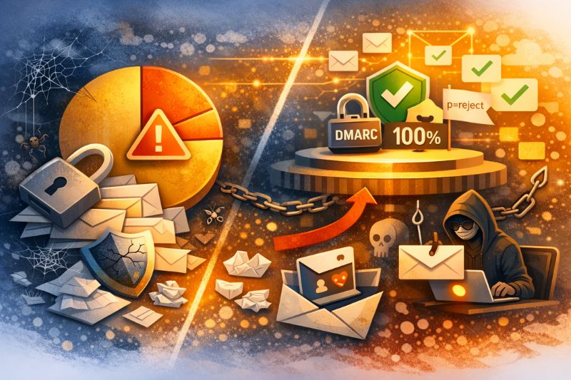 A split image for April 2026 Email Deliverability News shows email security risks on the left with warning signs and locks, while the right illustrates effective email protection with shields, checkmarks, a DMARC label, and boosted email deliverability.