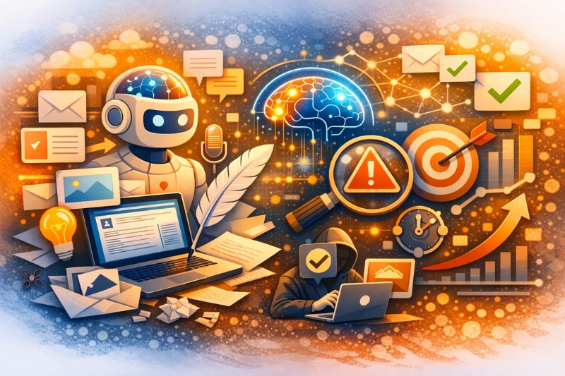 Illustration of AI and cybersecurity concepts, featuring a robot, laptop, digital brain, hacker, warning symbol, Email Deliverability charts, targets, and floating icons—perfect for April 2026 Email News on technology and data security.