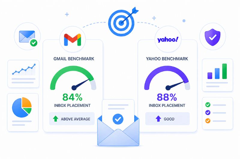 Comparison graphic highlighting Email Deliverability: Gmail with 84% inbox placement (above average) and Yahoo with 88% (good), surrounded by charts and email icons, offering clear insight into key Email Statistics.