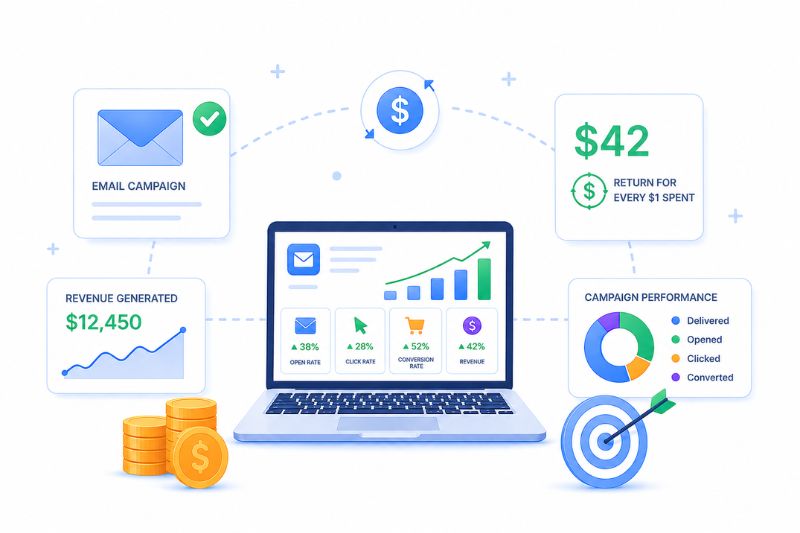 Illustration of email marketing analytics showing a laptop with charts, money icons, and stats on revenue, ROI, campaign performance, benchmarks, and engagement statistics.