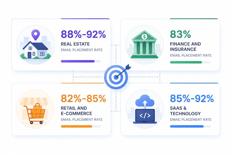 Infographic highlighting email deliverability benchmarks: Real Estate 88%-92%, Finance and Insurance 83%, Retail and E-commerce 82%-85%, SaaS and Technology 85%-92%. Essential email statistics for industry comparison.