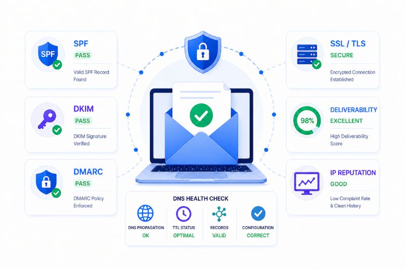 Diagram illustrating DNS health check for email security, with indicators showing SPF, DKIM, DMARC, SSL/TLS, deliverability, and IP reputation in good standing—crucial factors impacting email deliverability and overall email statistics.