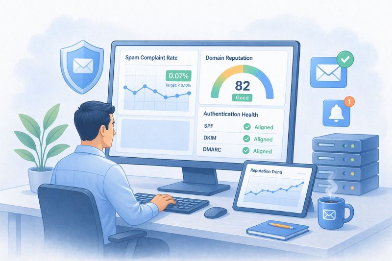 A person sits at a desk viewing email security and reputation statistics on computer screens, including graphs, authentication health indicators, and insights from the Best Email Deliverability Tools.