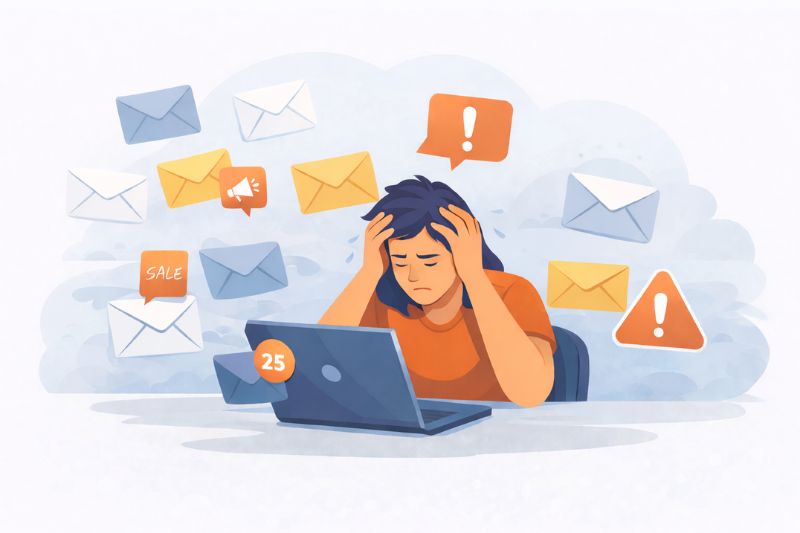 A person sits at a laptop looking stressed, surrounded by numerous email and notification icons—alerts, a sale message, and "25" unread emails—highlighting the dilemma: How Many Marketing Emails Is Too Many?.