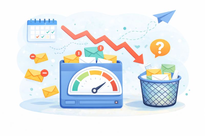 Illustration of a declining graph above a gauge, with unread emails and a trash bin, highlighting the impact of sending too many marketing emails on engagement and deliverability.