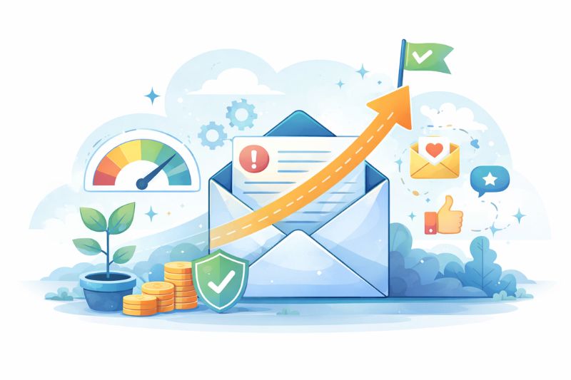 An envelope with a letter, upward arrow, coins, plant, speedometer, and icons for approval, like, and message—highlighting financial growth and communication while raising the question: How Many Marketing Emails Is Too Many?.