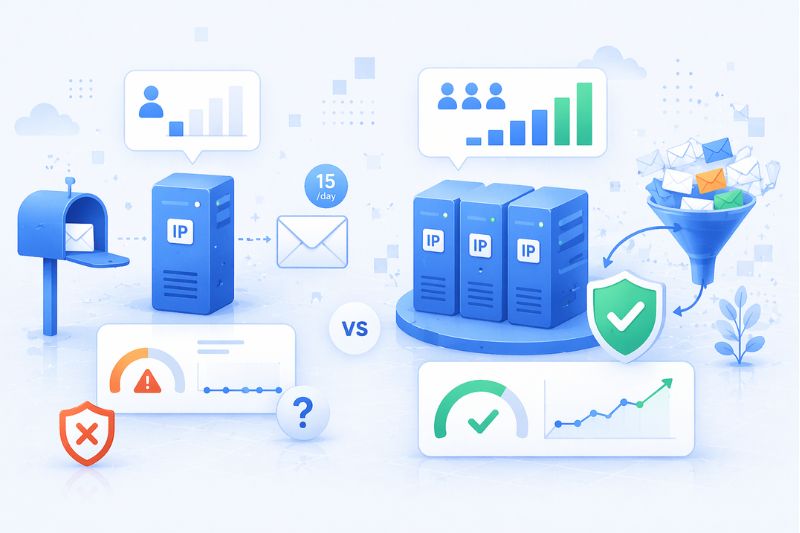 Illustration compares single vs. multiple IP email servers, showing email flow, security icons, performance charts, and a funnel sorting emails for improved email deliverability and analytics in email marketing.