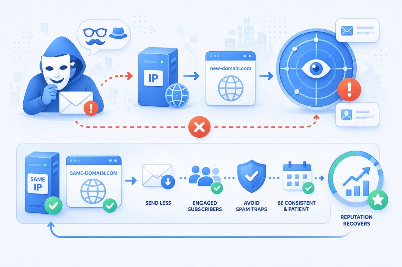 Illustration showing marketers facing email reputation loss from spamming with new domains, and recovery steps like sending less, engaging subscribers, avoiding spam traps, and being consistent for better email deliverability.