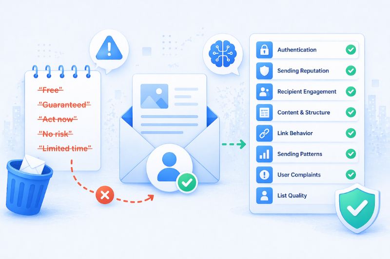 Illustration debunking marketing myths around email deliverability by highlighting spam triggers and presenting a checklist of best practices for successful email marketing, including authentication and boosting recipient engagement.