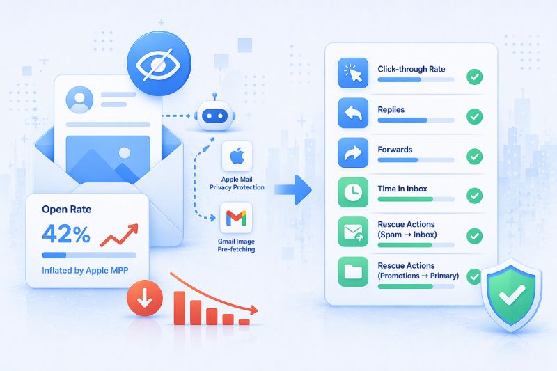 Infographic showing how Apple and Gmail privacy features impact Email Marketing—lowering open rates, but improving key metrics like replies, forwards, email deliverability, and inbox placement for marketers.