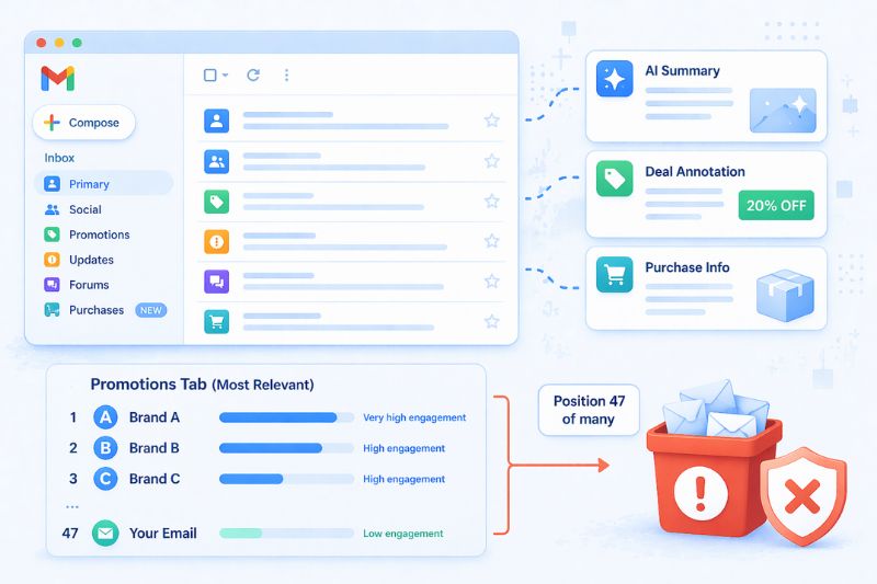 Illustration of an email inbox interface showing tabs, categorized emails, AI sorting features, engagement levels for promotional emails, and spam filtering with an email in a trash bin—perfect for exploring email myths and email deliverability.