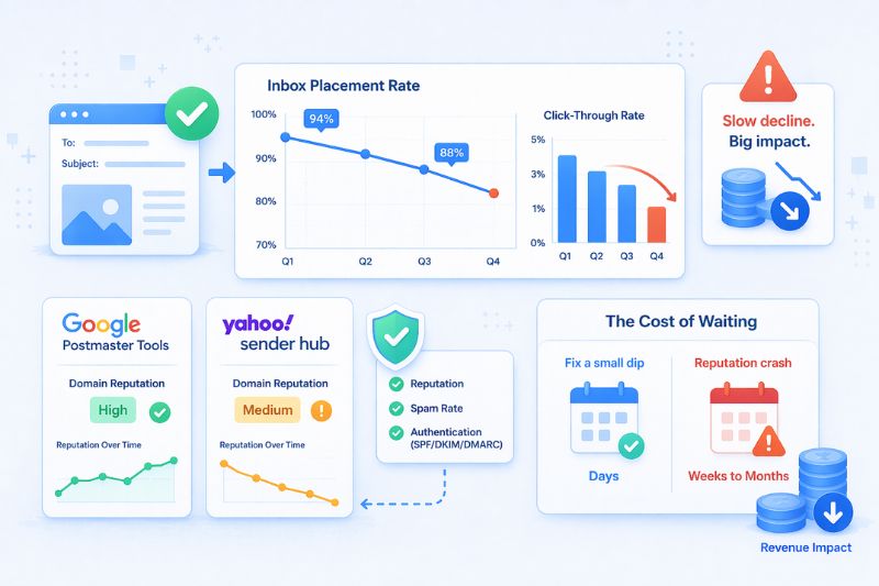 Infographic showing how declining inbox placement and sender reputation affect email deliverability, with graphs for rates, reputation tools, and the cost of fixing reputation issues in your email marketing strategy.