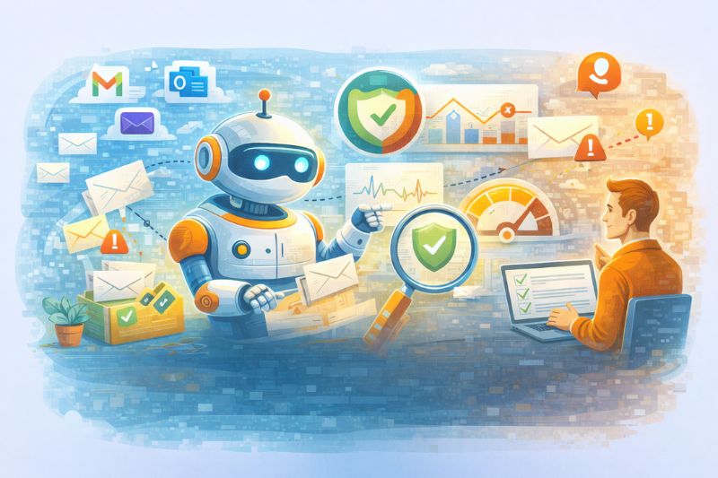 A robot and a man at a laptop exchange emails and data, surrounded by icons for security, analytics, and notifications, illustrating AI solutions for automated B2B email deliverability management.