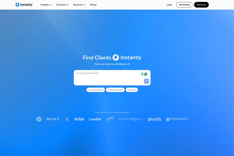 Captura de tela da página inicial do site da Instantly com uma barra de pesquisa para encontrar clientes que usam soluções de IA, com logotipos de empresas como Sony, Stripe e Ahrefs exibidos na parte inferior.