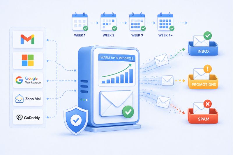 Diagram illustrating the email warm-up process for B2B companies, showing emails sent over several weeks landing in inbox, promotions, or spam folders on platforms like Gmail, Google Workspace, Zoho Mail, and GoDaddy.
