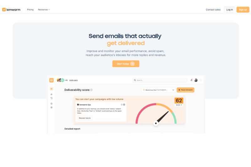 Lemwarm website homepage displays an email deliverability score dashboard tailored for B2B companies, with a call to action to start improving email performance through effective Email warm-up.