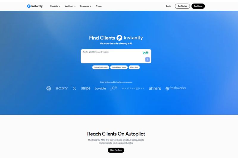 A website homepage for Instantly, featuring a search bar to find B2B companies using AI, with logos of partner companies and a blue and white color scheme.