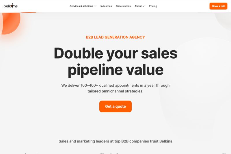 Screenshot of a B2B website homepage promoting lead generation and GTM strategy, featuring bold text stating "Double your sales pipeline value" and a prominent orange "Get a quote" button.