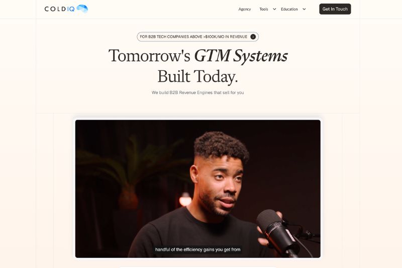 Screenshot of the ColdIQ website homepage featuring the headline "Tomorrow's GTM Systems Built Today" and a video with a man speaking about B2B strategies and Managed Email Deliverability.