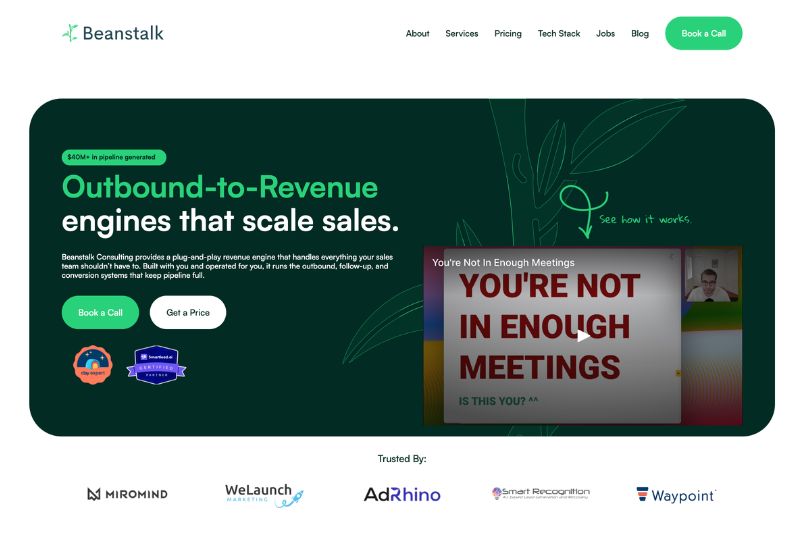 Screenshot of Beanstalk Consulting homepage featuring a headline about B2B revenue engines, a “Book a Call” button, and a testimonial section. Logos of partner companies and Managed Email Deliverability solutions shown at the bottom.