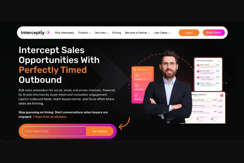 A website landing page for Interceptly, featuring B2B sales automation, a man in business attire, a call-to-action box, and sample dashboard screenshots—highlighting managed email deliverability for seamless GTM success.