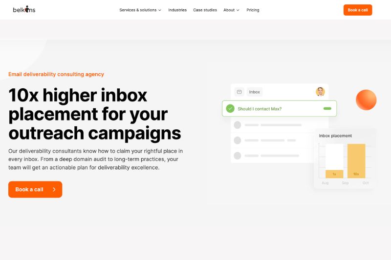 Website landing page for a B2B managed email deliverability consulting agency, highlighting “10x higher inbox placement for your outreach campaigns” with call-to-action buttons and an inbox graphic to supercharge your GTM strategy.