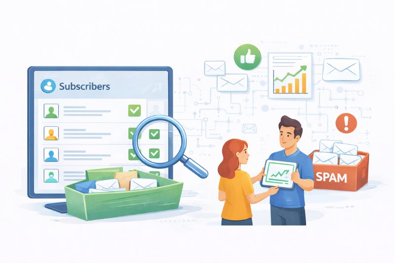Illustration of two people analyzing email subscriber data, with visuals of subscriber lists, envelopes, spam box, primary tab, and statistical charts in the background to highlight email deliverability.