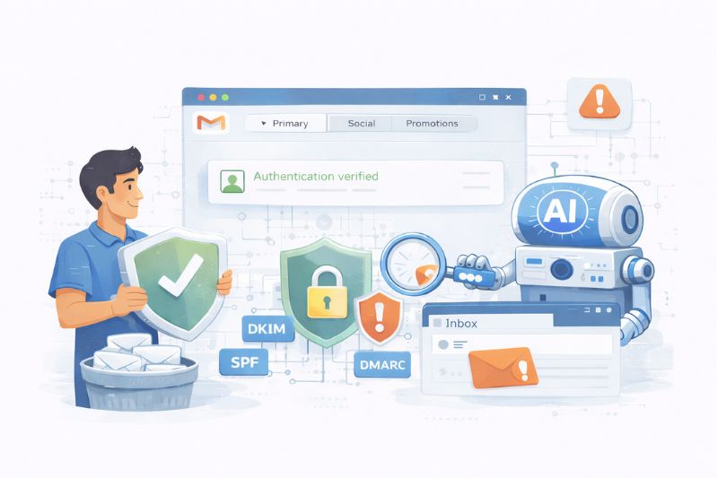 A person and a robot with security icons, email authentication terms (DKIM, SPF, DMARC), and verified email symbols, highlighting secure AI-based email protection to boost email deliverability to the primary tab and reduce promotional emails.