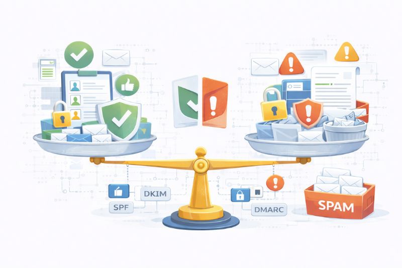 A balanced scale compares secure, verified emails with check marks on one side and spam or promotional emails with warning symbols on the other, highlighting concepts like email security and deliverability.