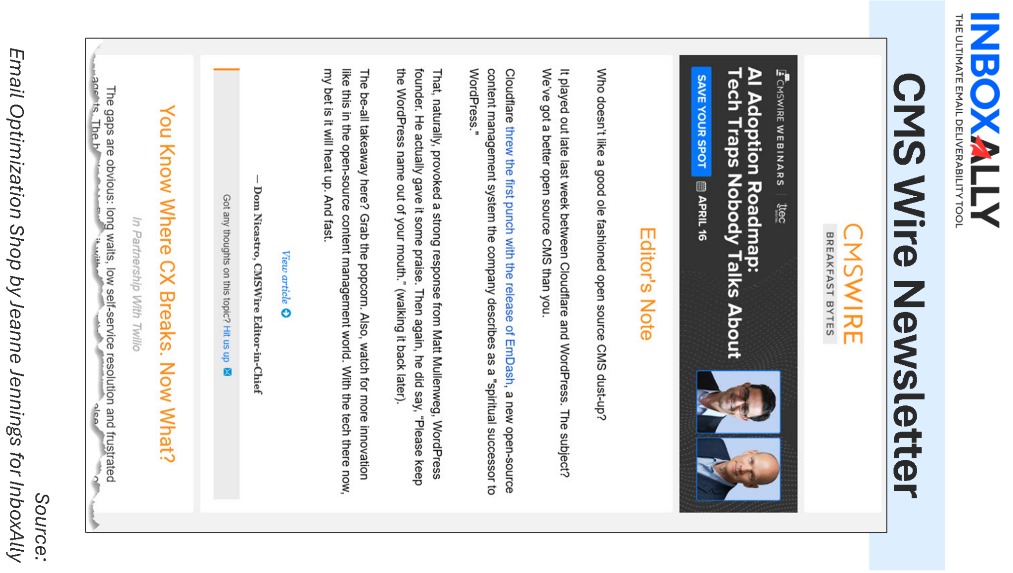 Screenshot of a CMS Wire Newsletter email discussing customer experience (CX) issues, featuring an Editor's Note, article preview, and a top promotional banner—ideal for those seeking inspiration on how to write emails or craft effective email summaries.