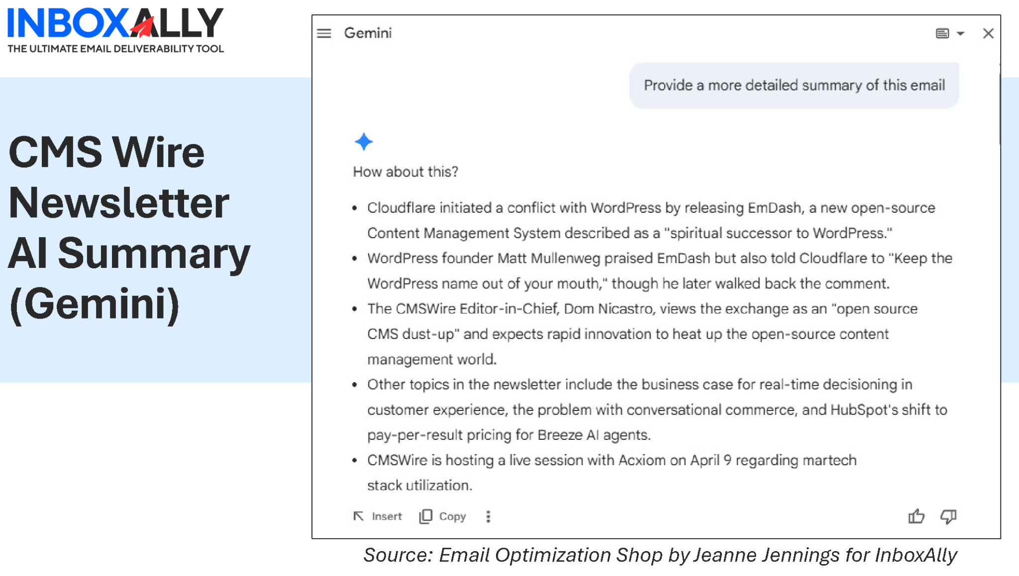 Screenshot shows an AI-generated summary of the CMS Wire newsletter by Gemini, highlighting topics like WordPress conflict, open-source CMS debate, business use of content management, and tips for email writing for AI or write effective emails.